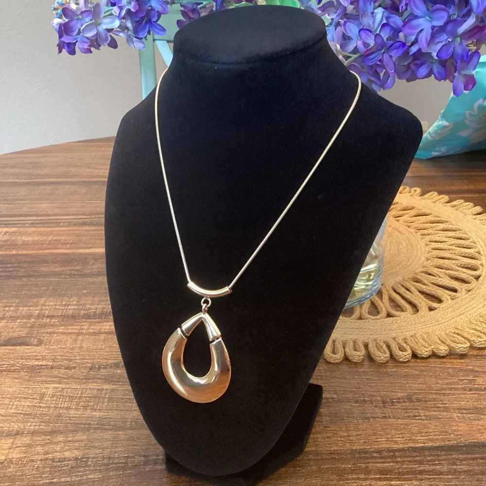 Gold Tone Abstract Teardrop Pendant Necklace on‎ a Snake Chain